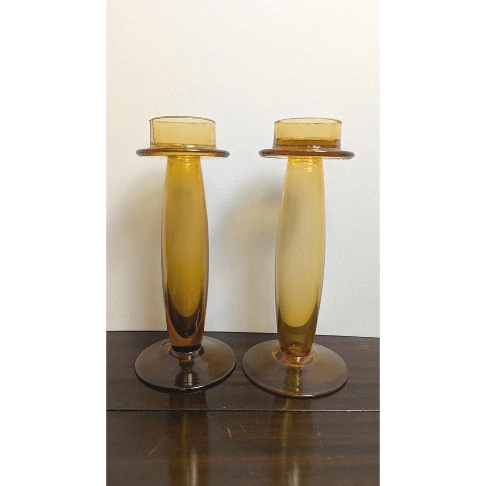 Gardeners Eden Vintage Amber Glass Candle Holders Pair 8in Mid Century Modern